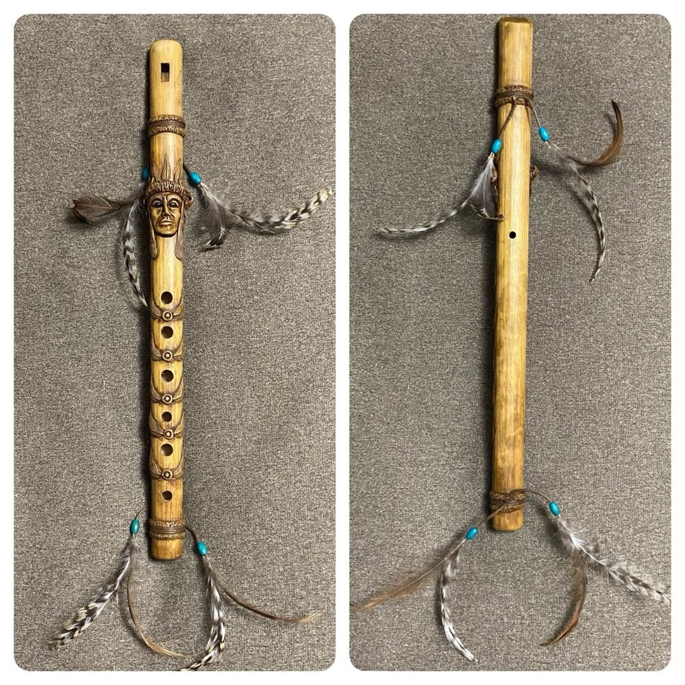 Vintage Hand Carved Wooden Flute with Leather Ties Feathers & Turquoise Beads